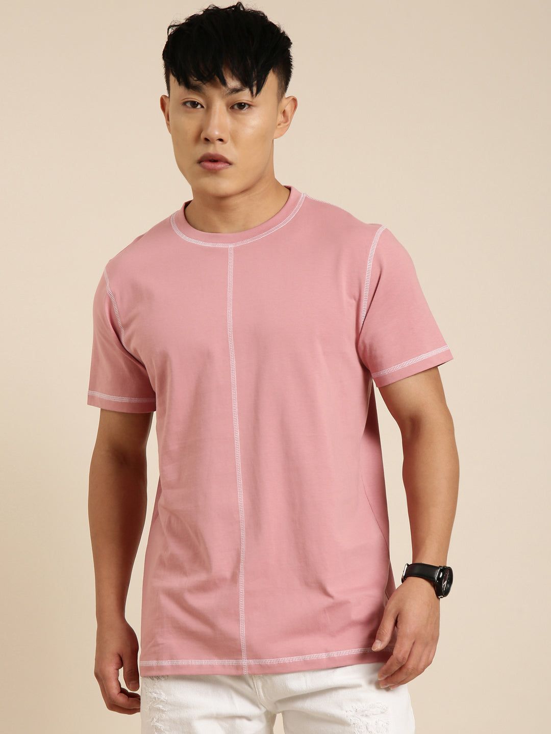 Pink Solid Oversized Crew Neck T-shirt-M
