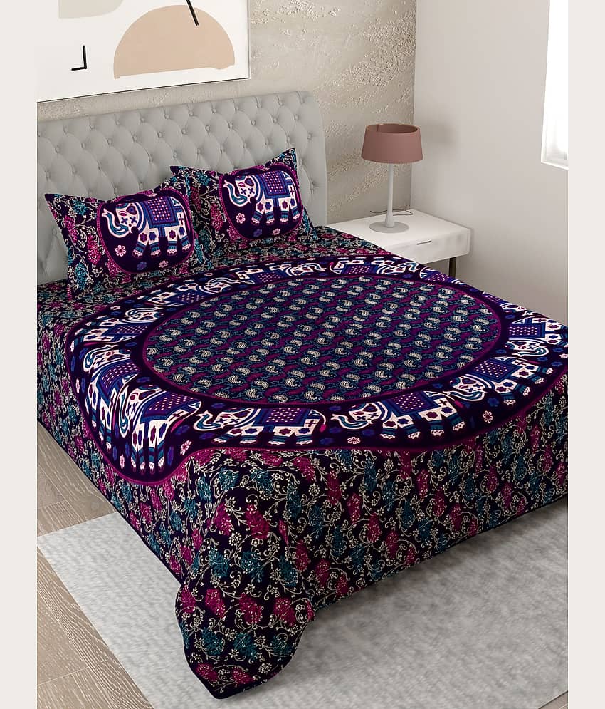 Uniqchoice Cotton Ethnic King Size Bedsheet With 2 Pillow Covers - Purple