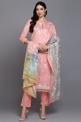 Peach Cotton Blend Ethnic Motifs Straight Suit Set VKSKD1879