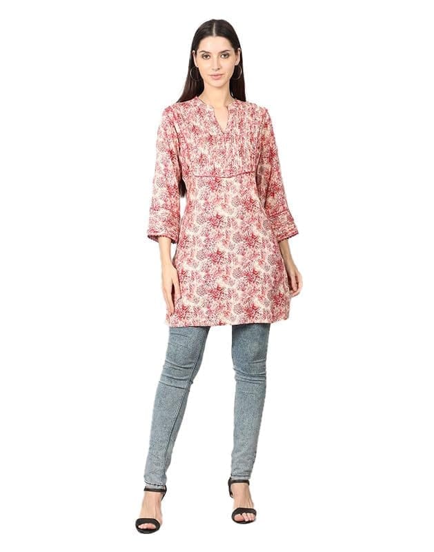 Women's Casual 3/4 Sleeve Viscose Rayon Printed Kurti (Pink, L)-PID46408