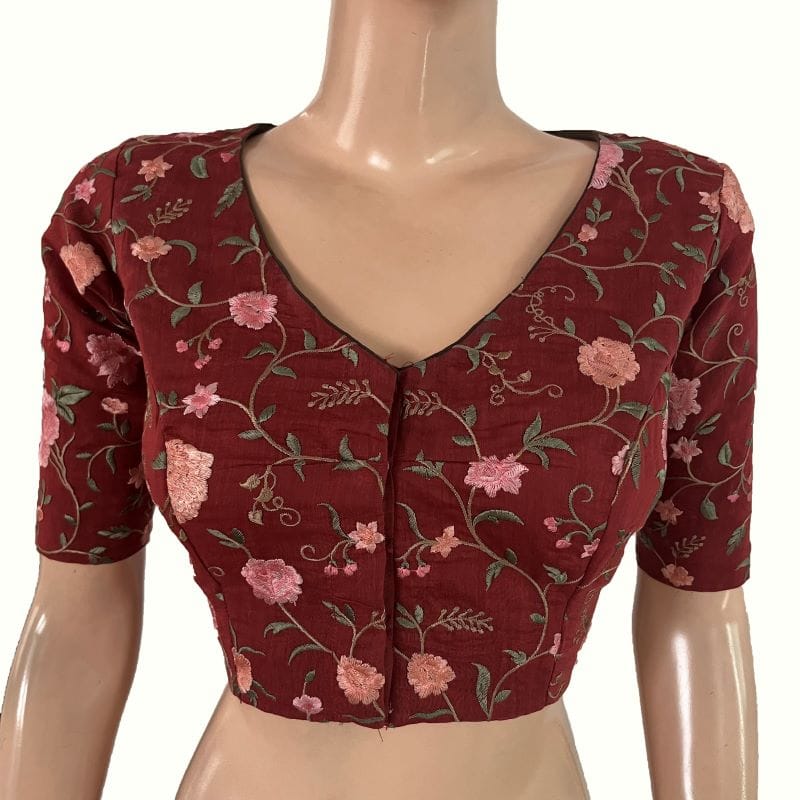 Silk Cotton Embroidered V Neck Blouse with Lining , Maroon , BL1001-S