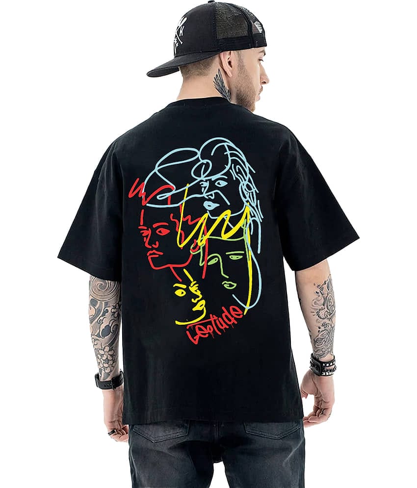 Leotude Men Cotton Blend Oversized Fit Printed T-Shirt ( Black )