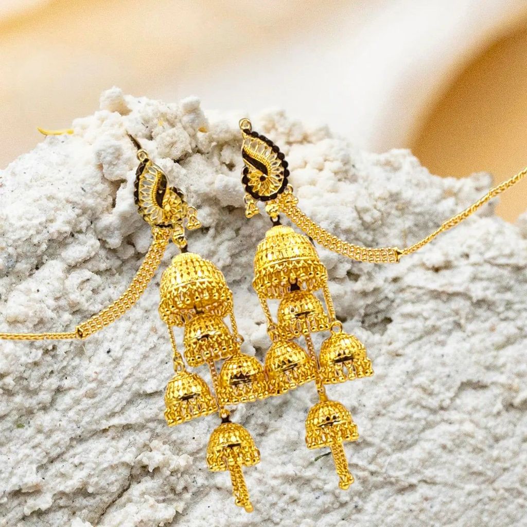 Attractive Sister Multi-Layer Gold Plated Jhumka Earrings with Hair Chain – Royal Bridal Jewelry