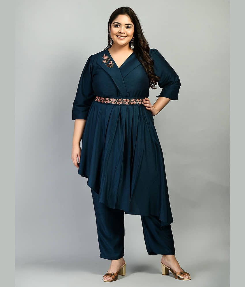 PrettyPlus by Desinoor Women Cotton Silk Embellished Asymmetrical Kurti With Pants ( Teal )
