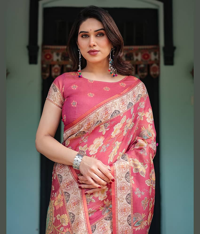 Almaari Fashion Cotton Blend Printed Saree With Stitched Blouse ( Multicolor )