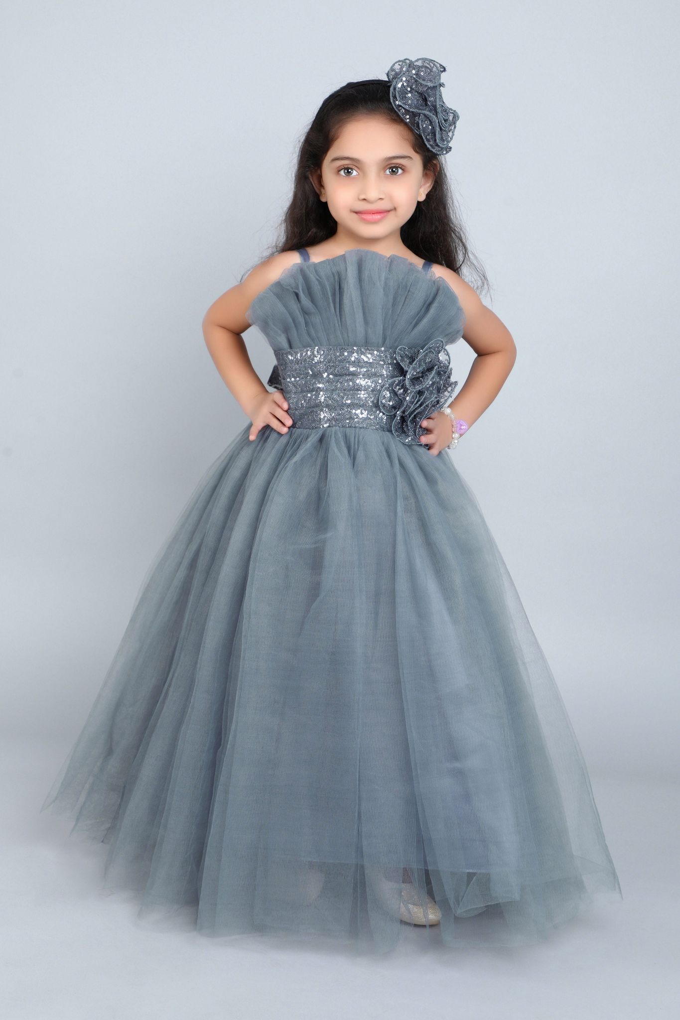 Ruffled Silhouette Party Gown-Grey-2-3Y / Grey