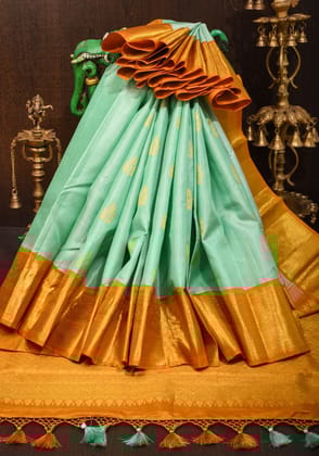 Korvai Kanjivaram Pure Silk Saree in Mint Green with 2 side Equal Borders in Mustard | SILK MARK CERTIFIED