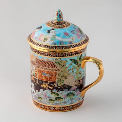 Eyaas Benjarong Porcelain Mug Set with Lid and Saucer  Thai Village Life Design