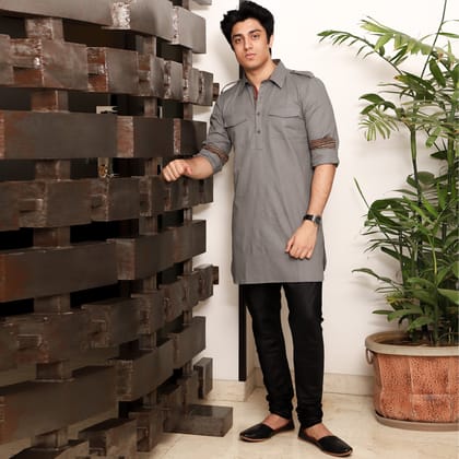 grey men's shirt collar cotton blend kurta-XS