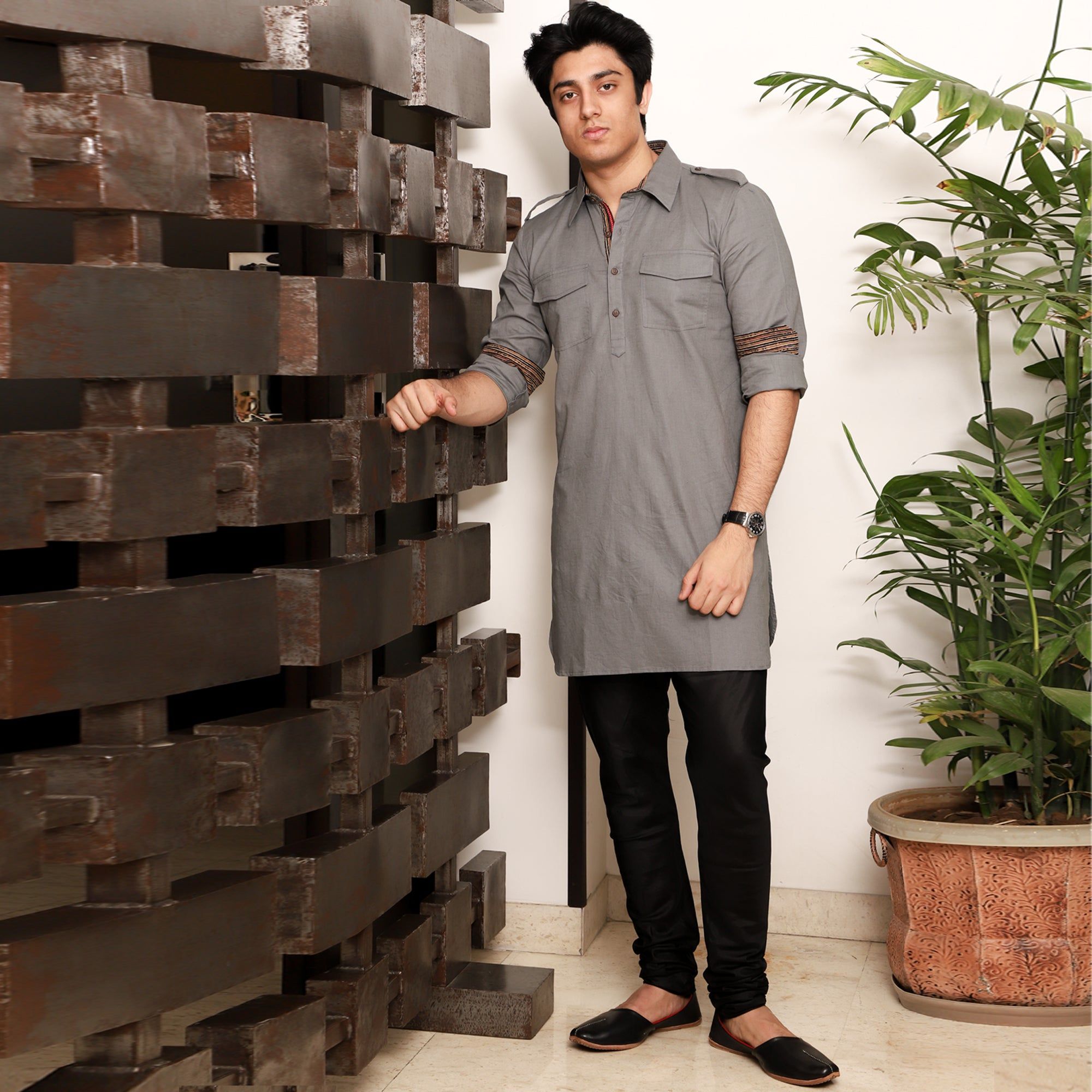 grey men's shirt collar cotton blend kurta-XS