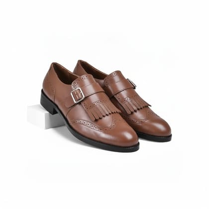 Men's Brown Formal Monk Strap Shoes with Fringe Detail