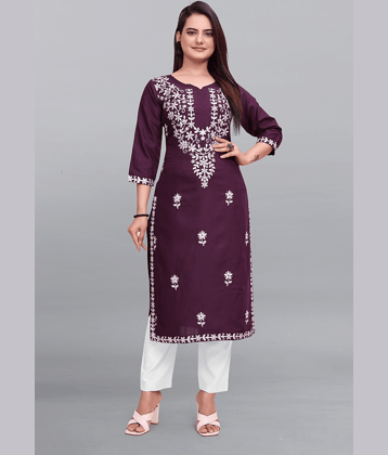 Gowtram Pack of 1 Cotton Blend Embroidered Straight Women's Kurti - ( Wine )