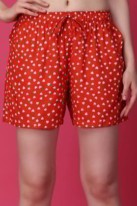 Hearts Printed Shorts with Drawstrings-L / Red