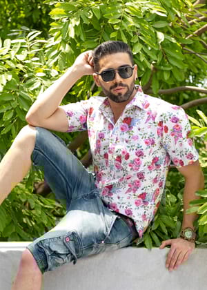 Linen Cotton Blend,Digital Print,Plain, Half Sleeves,Semi Slim FitWhite And Multi Colour Floral, Men,Shirt-38