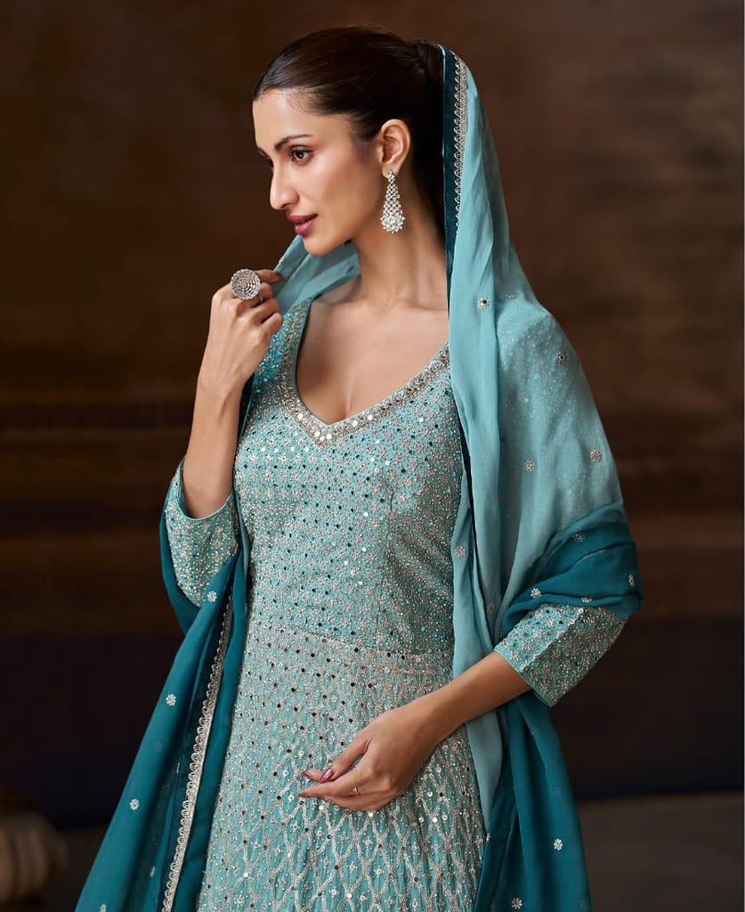 New Chinon Sky Blue Anarkali Suit for Women – Wedding Wear