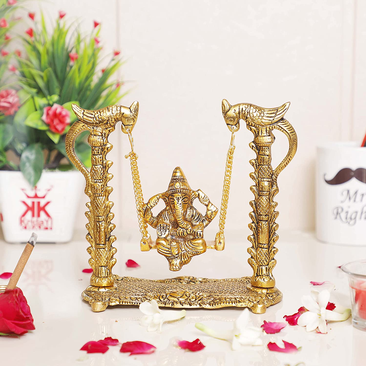 DreamKraft Metal Ganesh Ji on Swing Jhula Statue (Gold, Standard)