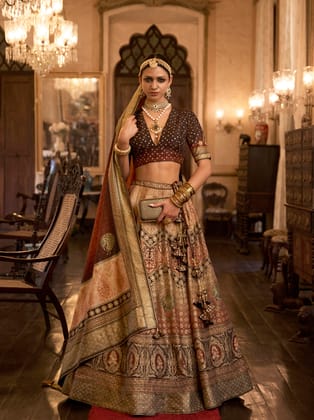 Cream Sequins Embroidered Lehenga with Readymade Blouse