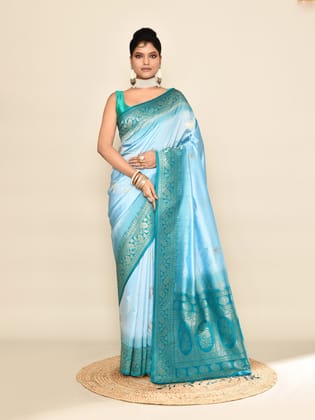 Sky Blue & Rama Pure Soft Silk Floral Designed Banarasi Weaving Saree