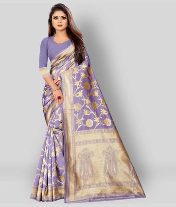Gazal Fashions Silk Blend Printed Saree With Unstitched Blouse Piece ( Purple )
