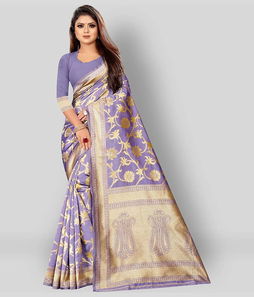 Gazal Fashions Silk Blend Printed Saree With Unstitched Blouse Piece ( Purple )