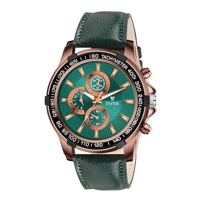 Thynk Men's Chronograph Look Analog Watch | Green Dial with Rose Gold Case & Leather Strap | Premium Fashion Watch