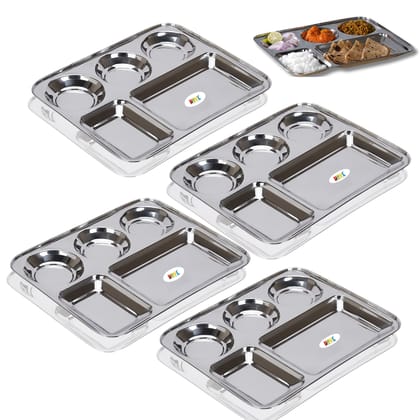 Nsvl Stainless Steel Rectangular 5-in-1 Compartment Lunch/Dinner Plate, 33.5cm Diameter, Silver 304 Grade Steel Highly Durable & Unbreakable for Kids & Adults - Ideal for Serving, Mess Tray-PACK OF 4