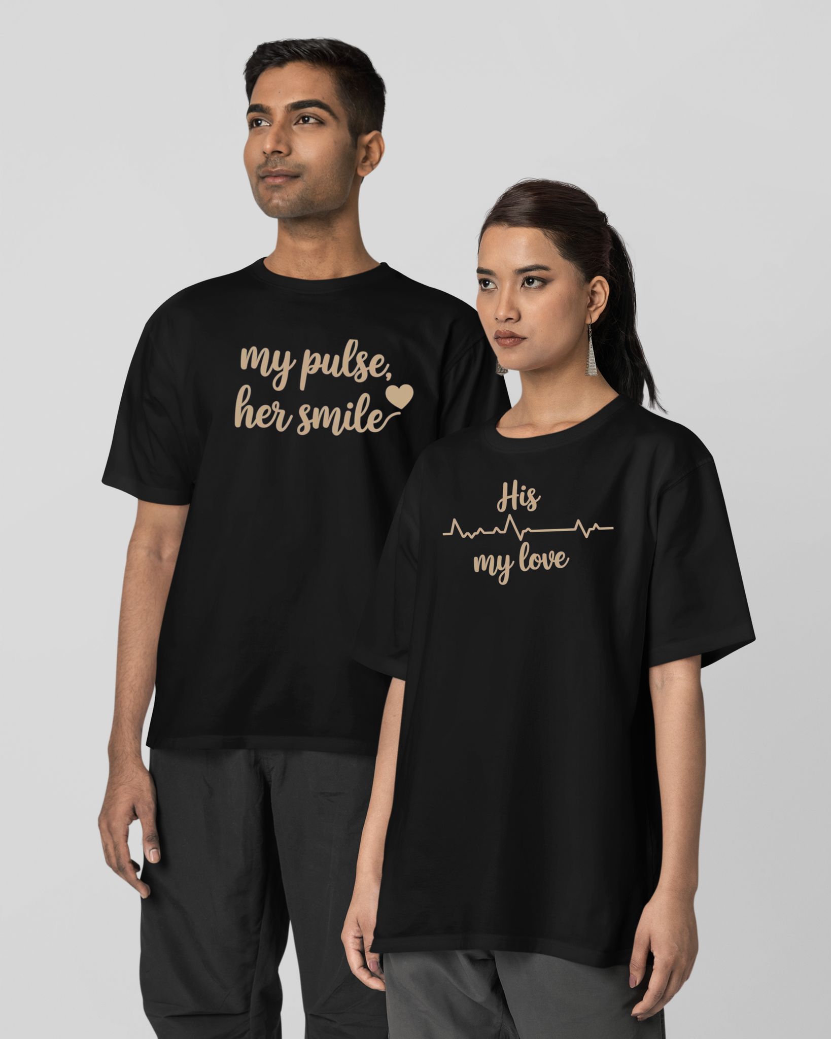 My Pulse, Her Smile & His My Love T-Shirt - Round Neck Drop Shoulder Graphic Printed Oversized Cotton T-shirt-S / Male / Black