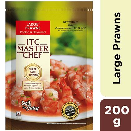 Itc Master Chef Large Prawns - Soft & Juicy, Super Safe Frozen Prawns, 200 G