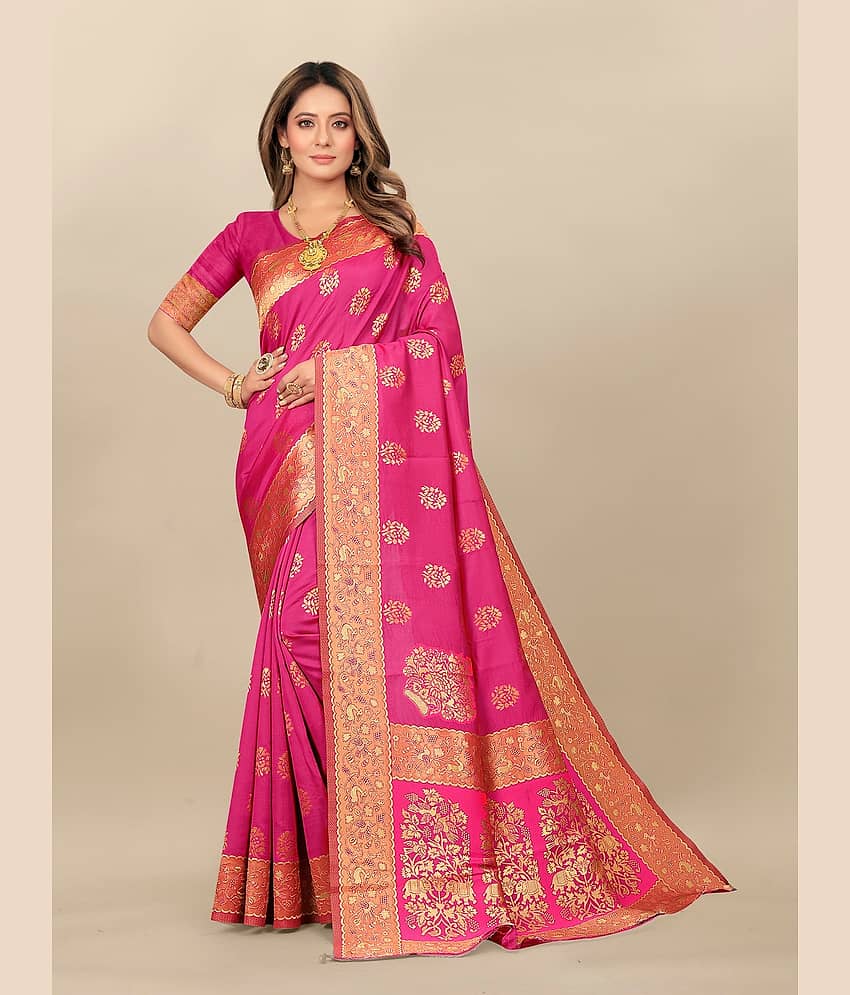 Gazal Fashions Banarasi Silk Embellished Saree With Unstitched Blouse Piece ( Pink )