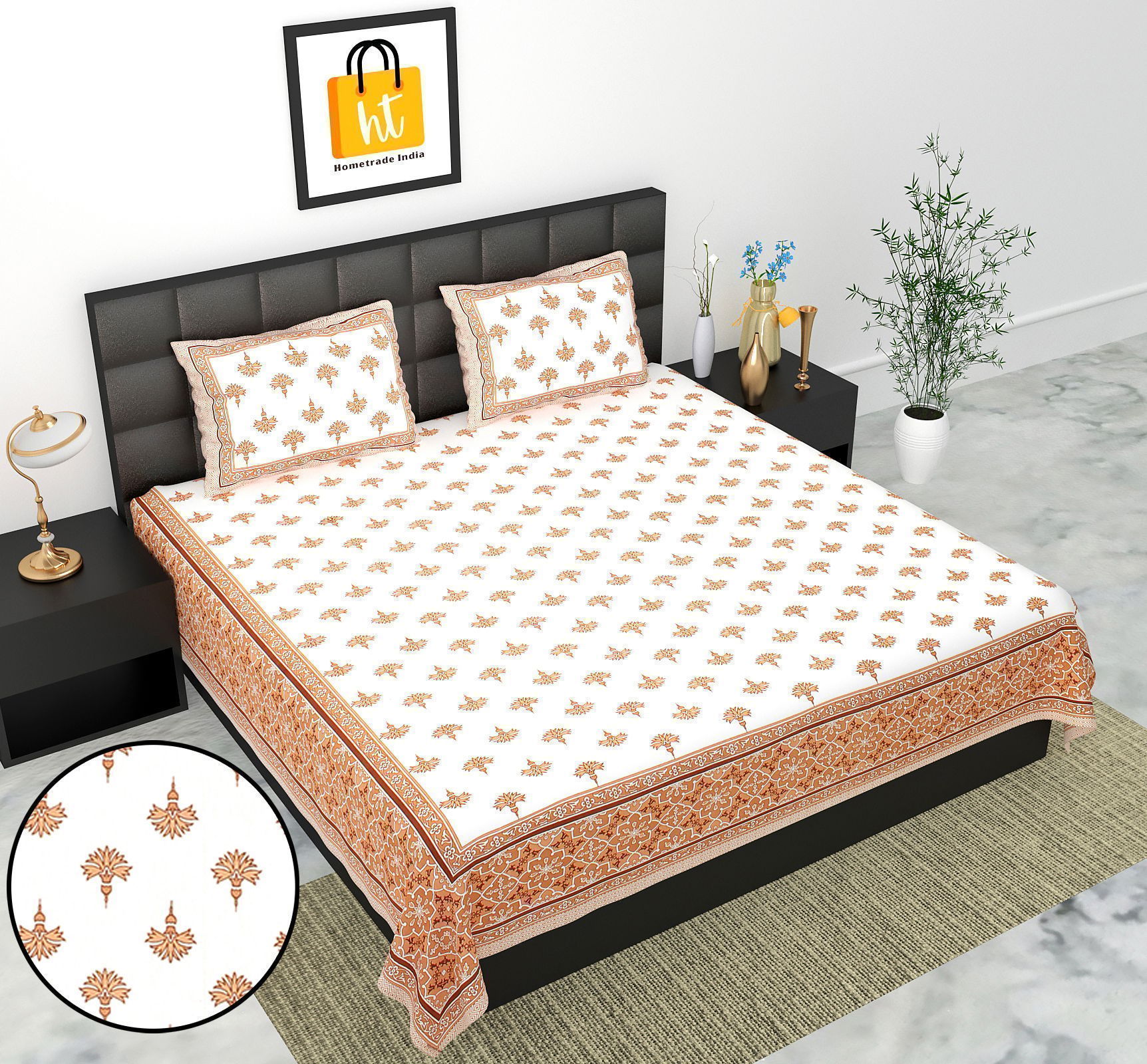 3001-Hometrade India-Standard King Size (90*108 Inches)-Buy Pure Cotton Jaipuri Printed Flat King Size Double Bedsheet With 2 Matching Pillow Cover