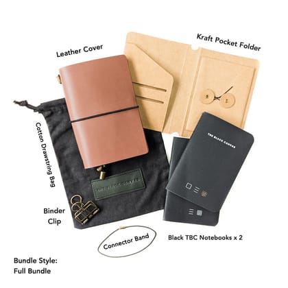Tuscan Tan TBC Travellers Journal | Passport [Italian Vachetta]-Full Bundle (Leather Cover + Pocket Folder + 2 x Square Grids Notebooks)