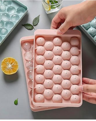 SUPEREB99 Mini Round Ice Cube Tray with Lid | 33 Cavity Ball Ice Maker for Juice, Mocktails, Whiskey & Coffee | Easy Release, Stackable, BPA-Free Plastic | Pack of 2 (Multicolour)