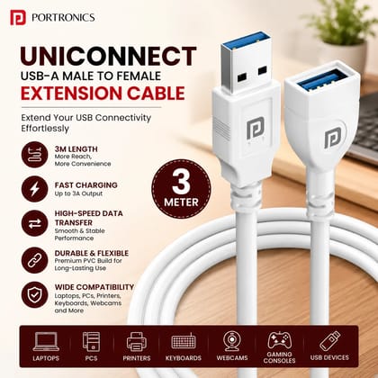 Portronics Uniconnect 3 Meter USB Extension Cable | USB Type-A Male to Female Extension Cord | Fast Data Transfer & Charging | Durable PVC USB Extender for Laptop, PC, Printer, Keyboard, Mouse, Webcam & USB Devices (Random Color| 3 Meter) Portronics Uniconnect 3 Meter USB Extension Cable | USB Type-A Male to Female Extension Cord | Fast Data Transfer & Charging | Durable PVC USB Extender for Laptop, PC, Printer, Keyboard, Mouse, Webcam & USB Devices (Random Color| 3 Meter)