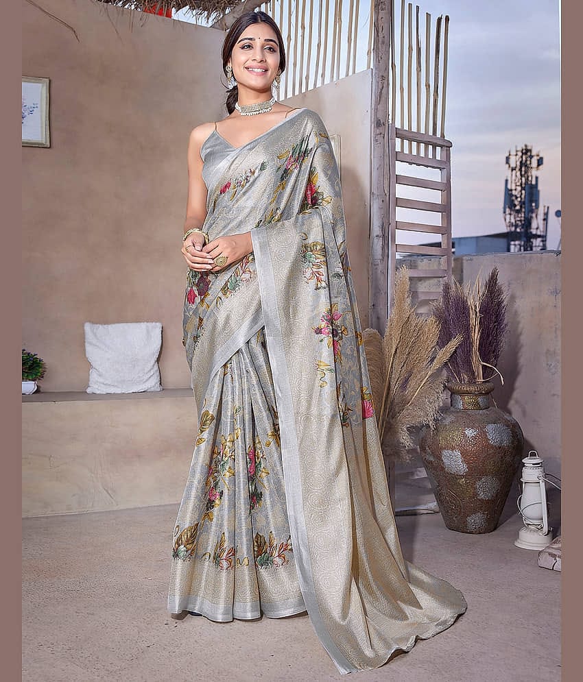 Yashika Art Silk Printed Saree With Unstitched Blouse Piece ( Grey )