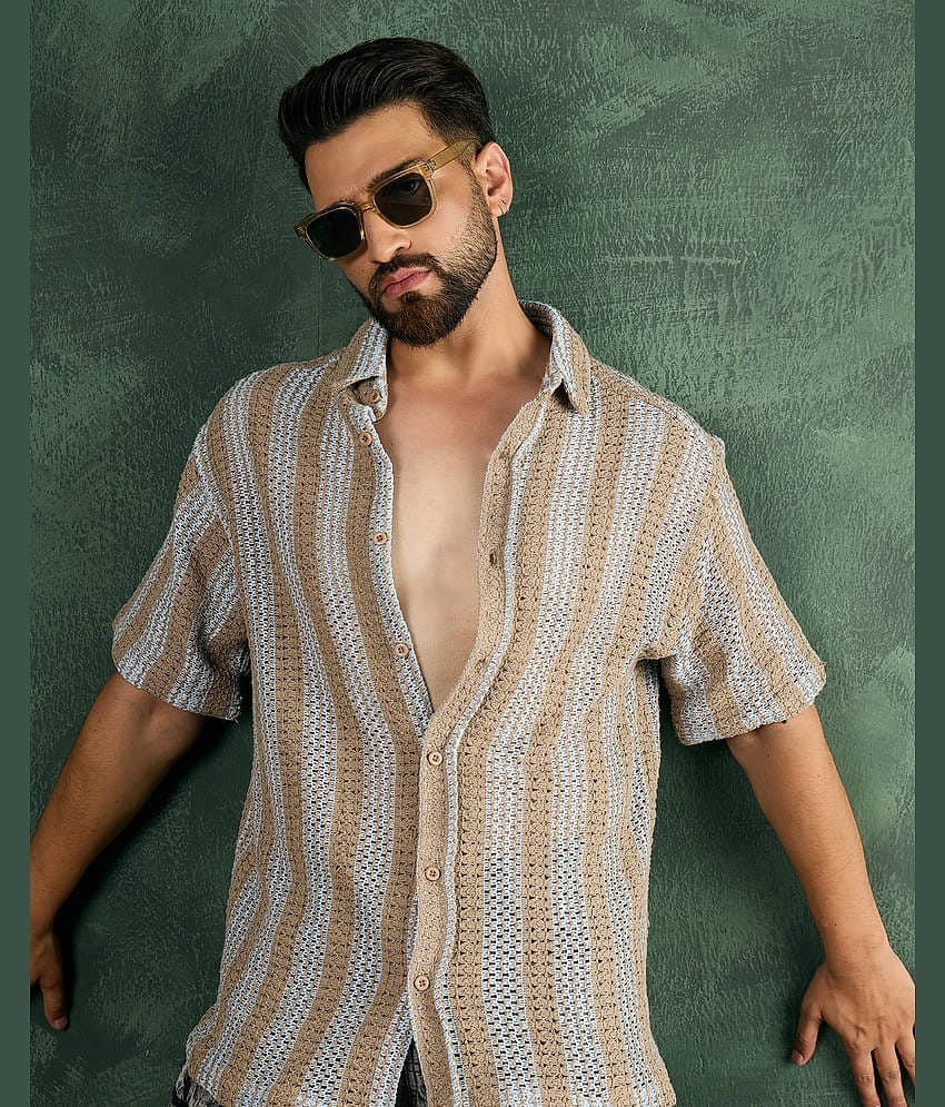 Chimpaaanzee Cotton Blend Oversized Fit Striped Half Sleeves Men's Casual Shirt - Brown ( Pack of 1 )