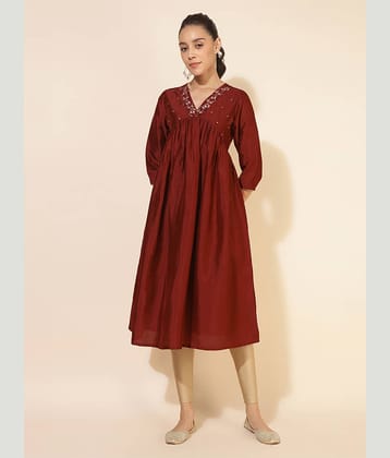 Janasya Pack of 1 Silk Blend Embroidered Flared Women's Kurti - ( Maroon )