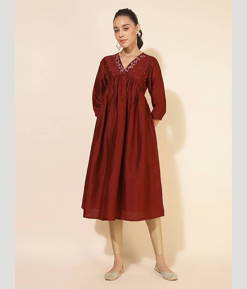 Janasya Pack of 1 Silk Blend Embroidered Flared Women's Kurti - ( Maroon )