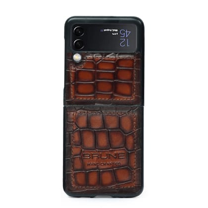 Samsung Galaxy Flip Series Tan Deep Croco Textured Leather Mobile Cover by Brune & Bareskin-FLIP 4
