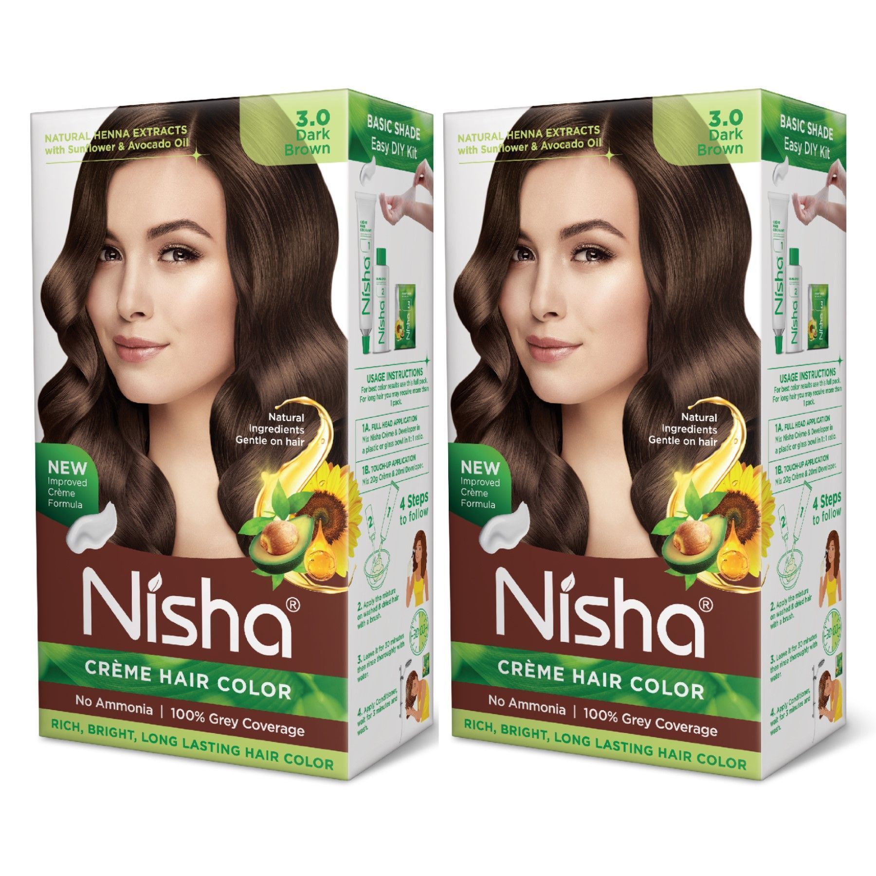 Nisha Creme Hair Color Dark Brown 60g Pack of 2, Permanent Hair Colour, No Ammonia, 100% Grey Coverage