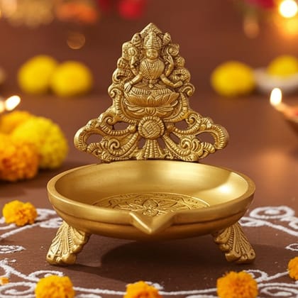 Brass Table Decor Laxmi Oil Lamp Deepak  - Handcrafted Brass Diya for Wealth & Prosperity, Height : 4 Inch (BSMAS1160 L)