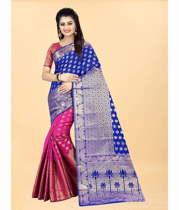 Gazal Fashions Banarasi Silk Embroidered Saree With Unstitched Blouse Piece ( Blue )