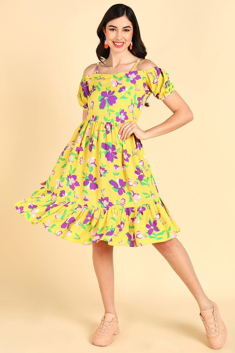Yellow Georgette Floral Printed Midi Dress VD1174