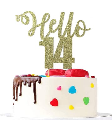 Zyozique Golden Glitter hello 14 cake topper 14th anniversary cake decoration handmade 14th birthday party cake decoration