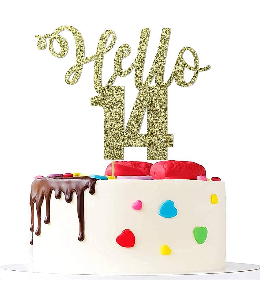 Zyozique Golden Glitter hello 14 cake topper 14th anniversary cake decoration handmade 14th birthday party cake decoration