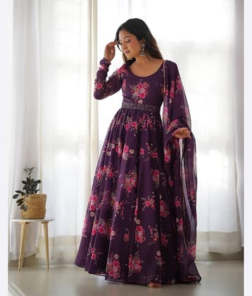 Femvy Purple Anarkali Cotton Blend Women's Stitched Ethnic Gown ( Pack of 1 )