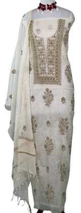 Chikankari Mul Chanderi Dress Material Ivory Green Floral