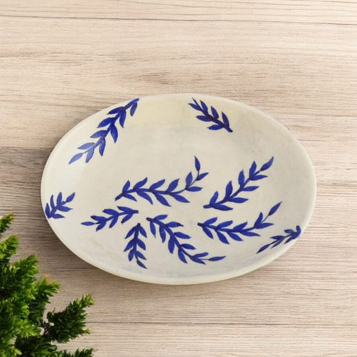 Blue Pottery Foliage Pattern Decorative Rice PlateWhite