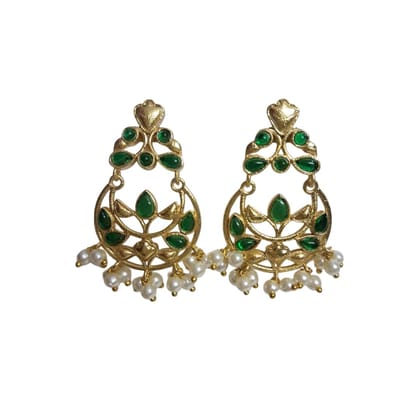 Anvaya Collections Elegant Oxidized Brass Earrings with Green Stone Floral Design and Pearl Drops for Women