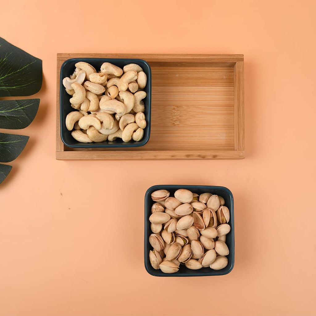 Femora Green Glossy Ceramic Bowls and Rectangular Serving Tray, 9 Units in Bundles, (Set of 6 Bowl, 3 Pcs Tray)