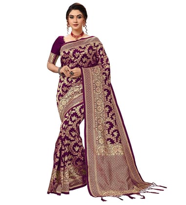 Women's Damask Pattern Jacquard Woven Banarasi Art Silk Saree with Unstitched Blouse Piece (Purple, 5 - 6 Mtrs)